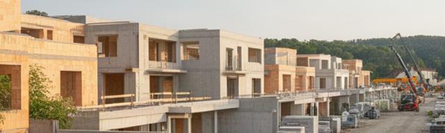Wohnquartier in Münsingen mit mehreren Rohbauten und Paletten mit Baumaterial