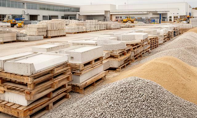 Sortierte Baustoffe auf einem Schweizer Werksgelände mit Paletten, Kies und Betonfertigteilen