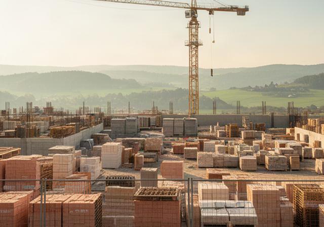 Baustelle im Berner Mittelland mit gestapelten Baustoffen und einem Kran im Morgenlicht