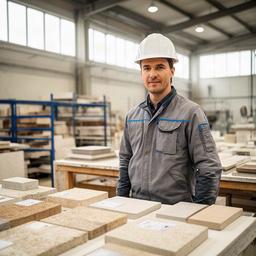 Produktionsleiter von Weissenburg Bauen AG neben Materialproben in der Werkhalle