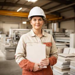 Geschäftsleiterin von Weissenburg Bauen AG im Werk Belp mit Schutzhelm und Unterlagen