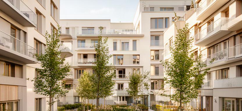 Mehrgeschossige Wohnüberbauung in Bern-West mit hellen Fassaden und begrüntem Innenhof